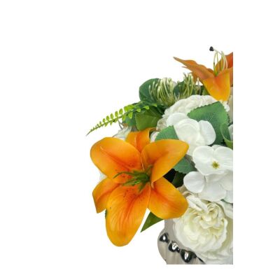 Yapay Çiçek Aranjmanı Somon Lilyum Beyaz Şakayık Gümüş Cam Kupa Vazoda Nişan Çiçeği İsteme Çiçeği