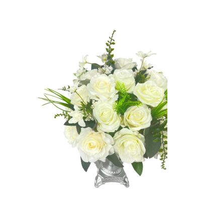 Yapay Çiçek Aranjmanı Beyaz Güller Metal Gümüş Vazolu Masa Üstü Çiçeği Arajman