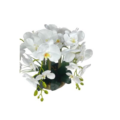 Yapay Çiçek 5Li Beyaz Islak Orkide Metal Yuvarlak Eski Gold Vazoda Orkide 50Cm