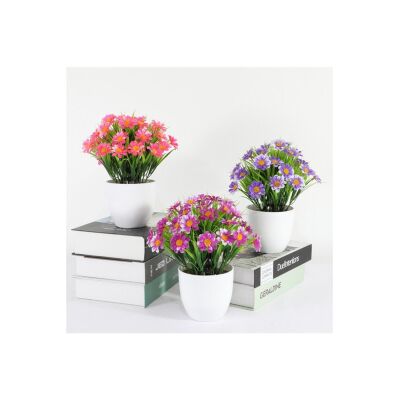 6Lı Set Yapay Çiçek Papatya Beyaz Saksıda Karışık Renkler
