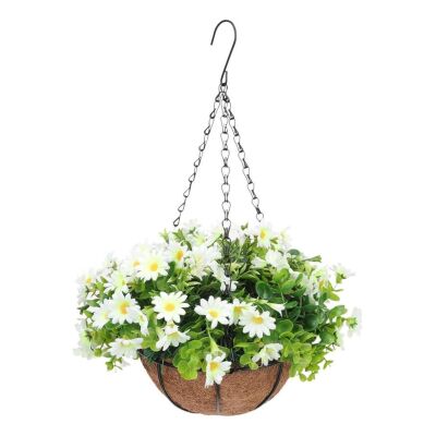Yapay Çiçek Sarkaç Askılı Makreme Sepette Beyaz Papatya Ve Şimşir Yeşillik Çiçek Sepeti