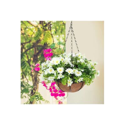 Yapay Çiçek Sarkaç Askılı Makreme Sepette Beyaz Papatya Ve Şimşir Yeşillik Çiçek Sepeti