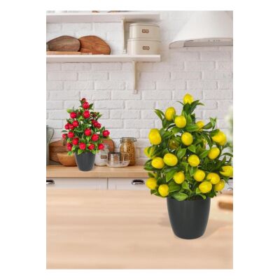 4Lü Set Yapay Çiçek Kiraz Nar Limon Ve Mandalina Ağacı Siyah Saksıda 30Cm