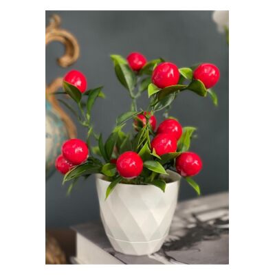 Yapay Çiçek Beyaz Saksıda Kiraz Demeti Kırmızı Top Çiçek 20Cm