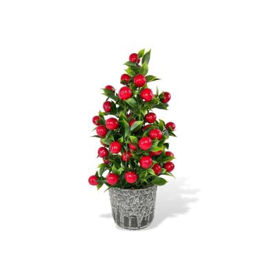 Yapay Çiçek Gri Seramik Saksıda Kiraz Ağacı Kırmızı Top Çiçek