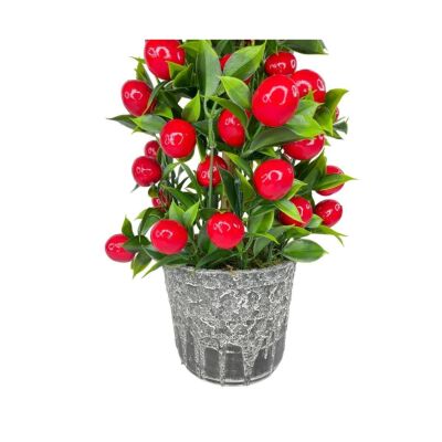 Yapay Çiçek Gri Seramik Saksıda Kiraz Ağacı Kırmızı Top Çiçek