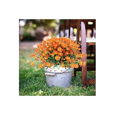6Lı Set Yapay Çiçek Turuncu Papatya 7 Dallı Plastik Dekoratif Yapay Bitki