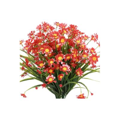 6Lı Set Yapay Çiçek Kırmızı Papatya 7 Dallı Plastik Dekoratif Yapay Bitki