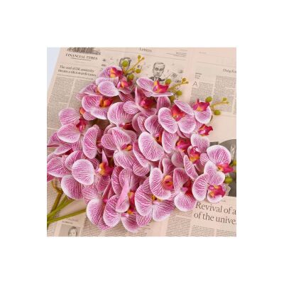 4Lü Set Yapay Çiçek Pembe Islak Orkide Ve 2 Adet Orkide Yaprağı Gerçeksi Doku Uzun Dal 90Cm