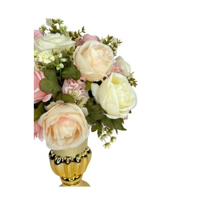 Yapay Çiçek Aranjmanı Pembe Krem Rengi Gold Altın Cam Kupa Vazoda Nişan Çiçeği Isteme Çiçeği
