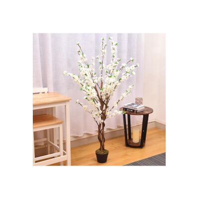 Yapay Ağaç Lüx Bahardalı Ağacı Beyaz Japon Kiraz Çiçeği Sakura Çiçeği 150X70Cm Siyah Plastik Saksılı