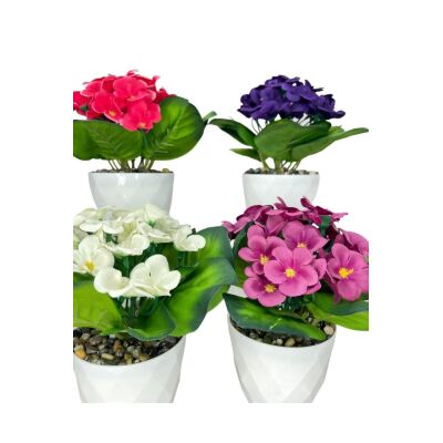 4Lü Set Yapay Çiçek Kadife Menekşe Beyaz Saksıda Gerçekçi Doku Karışık Renkli
