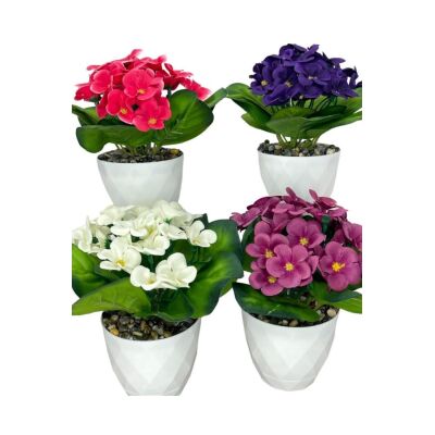 4Lü Set Yapay Çiçek Kadife Menekşe Beyaz Saksıda Gerçekçi Doku Karışık Renkli