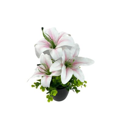 Yapay Çiçek Siyah Saksıda Islak Lilyum Pembe Açık Renk 3 Çiçekli Gerçeksi Doku