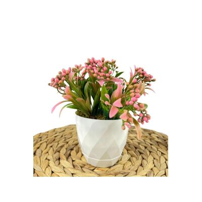 Yapay Çiçek Beyaz Saksıda Pembe Boncuk Cipso Çiçeği Dekoratif Masa Çiçeği