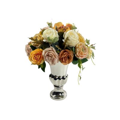 Yapay Çiçek Aranjmanı Krem Somon Kahve Rengi Gümüş Cam Kupa Vazoda Nişan Çiçeği Isteme Çiçeği