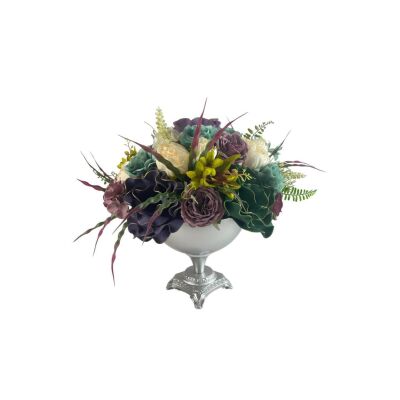 Yapay Çiçek Ve Latex Aranjmanı Metal Gümüş Renk Vazolu Masa Üstü Çiçeği Arajman
