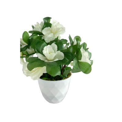 Yapay Çiçek Beyaz Saksıda Beyaz Açelya Dekoratif Masa Çiçeği