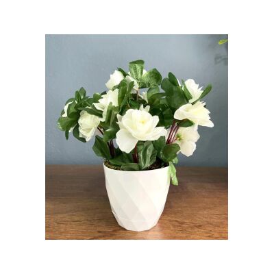 Yapay Çiçek Beyaz Saksıda Beyaz Açelya Dekoratif Masa Çiçeği