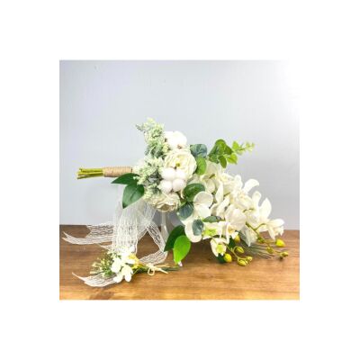 Sarkan Gelin Çiçeği Yapay Çiçek Beyaz Orkide Pamuk Şakayık Ve Yeşillik Gelin Buketi