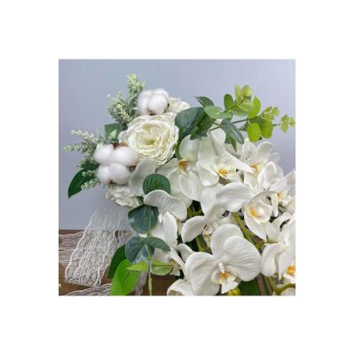 Sarkan Gelin Çiçeği Yapay Çiçek Beyaz Orkide Pamuk Şakayık Ve Yeşillik Gelin Buketi