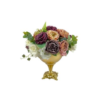 Yapay Çiçek Ve Latex Aranjmanı Döküm Ayaklı Yuvarlak Metal Gold Vazolu Masa Üstü Çiçeği Arajman 8349