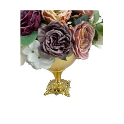 Yapay Çiçek Ve Latex Aranjmanı Döküm Ayaklı Yuvarlak Metal Gold Vazolu Masa Üstü Çiçeği Arajman 8349