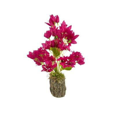Yapay Çiçek Kütük Saksılı Fuşya Begonvil Dekoratif Masa Çiçeği 40*20Cm