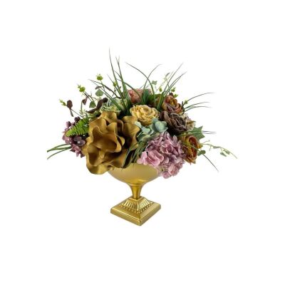 Yapay Çiçek Aranjmanı Metal Gold Vazolu Lateks Pastel Çiçekli Masa Üstü Çiçeği Arajman 16965