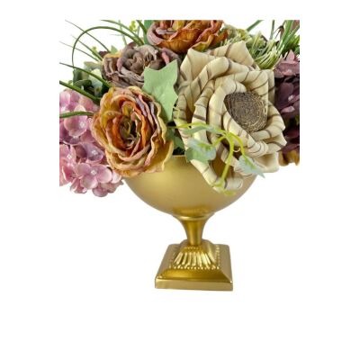 Yapay Çiçek Aranjmanı Metal Gold Vazolu Lateks Pastel Çiçekli Masa Üstü Çiçeği Arajman 16965