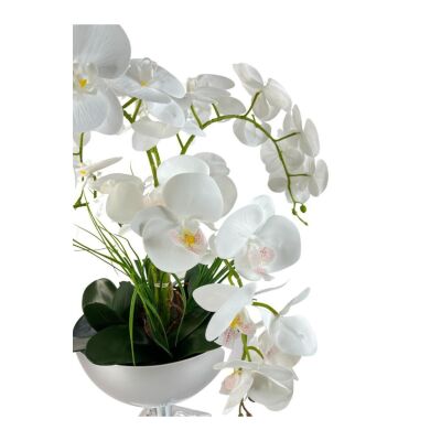 Yapay Çiçek 6 Islak Orkideli Aranjman Kare Ayaklı Konik Metal Mat Gümüş Vazolu Masa Üstü Çiçeği Araj