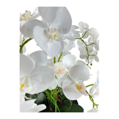 Yapay Çiçek 6 Islak Orkideli Aranjman Kare Ayaklı Konik Metal Mat Gümüş Vazolu Masa Üstü Çiçeği Araj