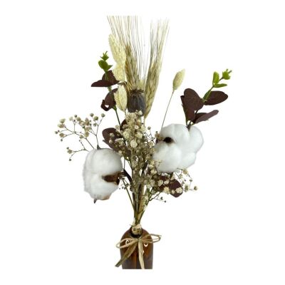 Şişede Okaliptuslu Kuru Çiçekler Kahve Tonlar Doğal Pamuk Haşhaş Kuş Otu Yapay Çiçek