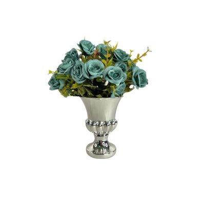Yapay Çiçek Gümüş Renk Antik Cam Vazoda Mavi Yaban Gülü Aranjmanı