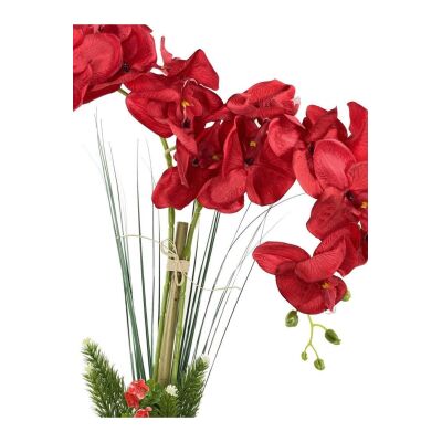 Yapay Çiçek 2 Dal Kırmızı Orkide Gri Seramik Saksıda Orkide 60Cm Sevgililer Günü Özel Tasarım