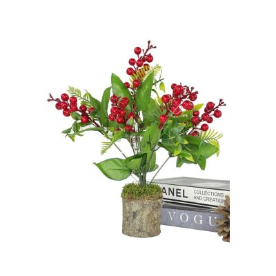 Yapay Çiçek Yılbaşı Çiçeği Kırmızı Kokina Doğal Kütük Odun Saksıda Led Işıklı 3 Fonksiyonlu