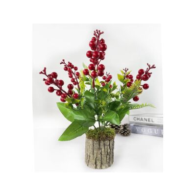 Yapay Çiçek Yılbaşı Çiçeği Kırmızı Kokina Doğal Kütük Odun Saksıda Masa Çiçeği