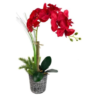 Yapay Çiçek Kırmızı Orkide Gri Seramik Saksıda Tek Dal Orkide 60Cm