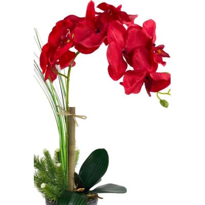 Yapay Çiçek Kırmızı Orkide Gri Seramik Saksıda Tek Dal Orkide 60Cm