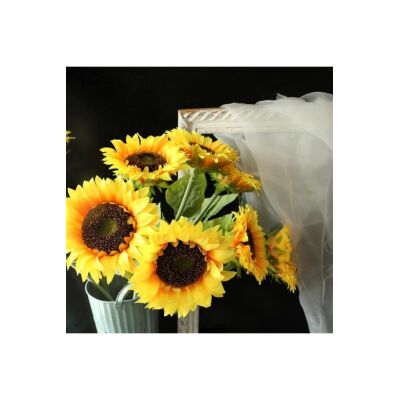 Yapay Çiçek Ayçiçeği Sarı Sunflower Dekoratif Çiçek 90Cm Dev Ay Çiçeği 3 Kafalı