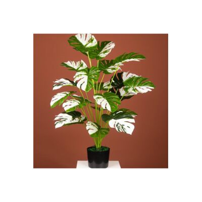 Yapay Ağaç Salon Bitkisi Beyaz Monstera 70 Cm 18 Yaprak Antrasit Saksıda Deve Tabanı