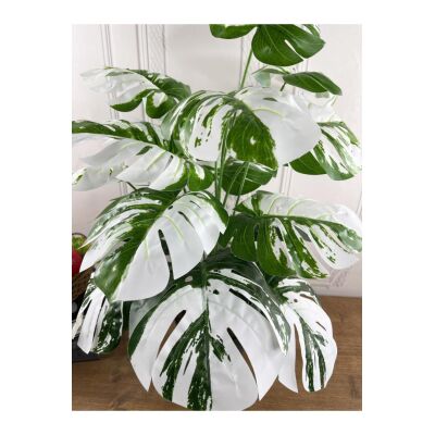 Yapay Ağaç Salon Bitkisi Beyaz Monstera 70 Cm 18 Yaprak Antrasit Saksıda Deve Tabanı
