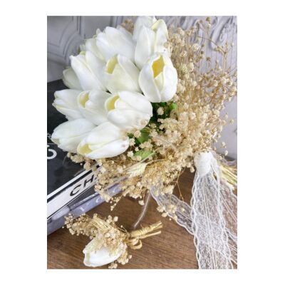 Gelin Çiçeği Yapay Çiçek Beyaz Islak Lale Lale Ve Krem Cipso Ve Kuru Çiçek Dalları Gelin Buketi