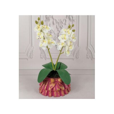 Pileli Etek Saksılı Beyaz Mini Beton Saksılı Yapay Orkide