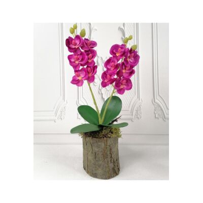 Yapay Çiçek Ahşap Kütük Saksılı Fuşya Mini Yapay Orkide Dekoratif Hediye
