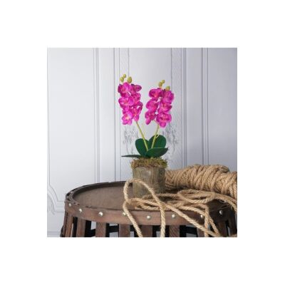 Yapay Çiçek Ahşap Kütük Saksılı Fuşya Mini Yapay Orkide Dekoratif Hediye