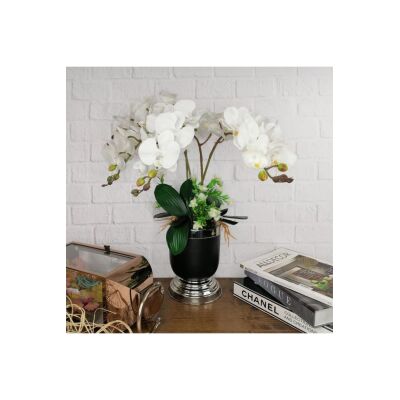 Yapay Çiçek Aranjmanı Metal Mat Siyah Gümüş Vazoda Beyaz Orkide Yapay Orkide Arajmanı