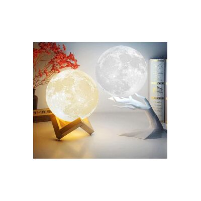 Usb Li 3D Ay Lamba Dokunmatik 5 Renk Değiştirir Stand Hediyeli Moon Lamp 15Cm