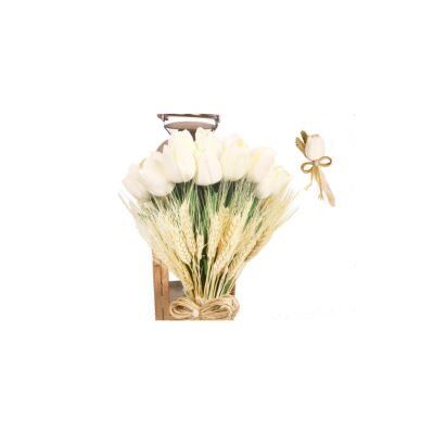 Gelin Çiçeği Yapay Çiçek Beyaz Islak Lale Lale Ve Krem Başak Kuru Çiçek Dalları Gelin Buketi