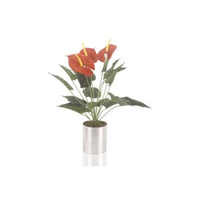 Yapay Çiçek Antoryum Metal Saksılı Yapay Bitki Salon Çiçeği Kırmızı